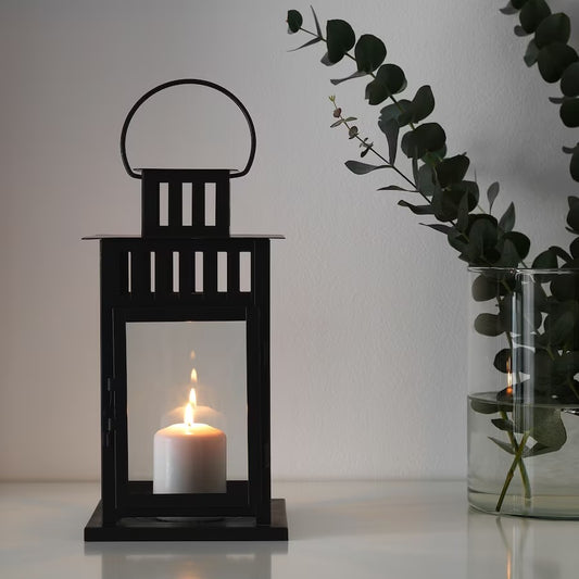 BORRBY Lantern for block candle, indoor/outdoor black, 11 "