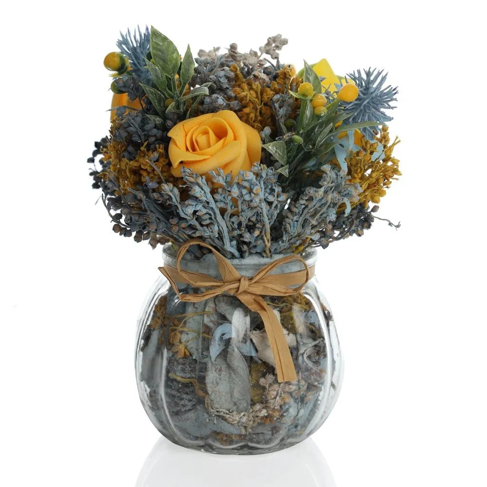 Artificial Mixed Roses with Glass Vase (Yellow, 16 cms)
