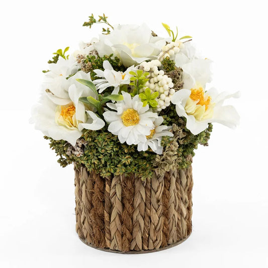 Wild Rose & Daisy Round Planter, White - 14x14x16 cm